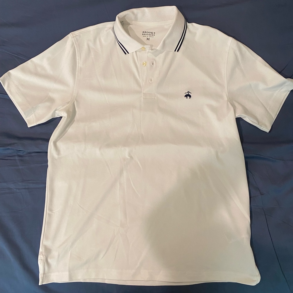 Brooks Brothers White Striped-Trim Performance Series Polo Shirt (Medium)
